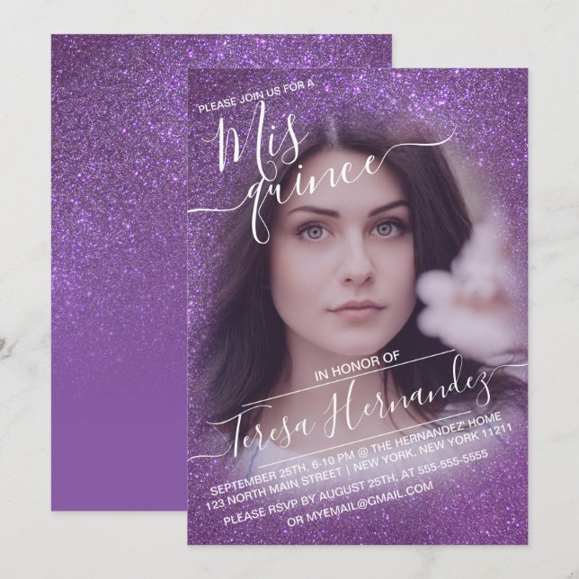 Invitación Purpurina Violet Purple Sparkly Foto Quinceañera (Anverso / Reverso)