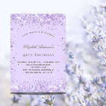 Invitación Purpurina violeta de cumpleaños lavender escritura<br><div class="desc">Para una elegante fiesta de cumpleaños número 40 (o cualquier edad). Fondo violeta de color lavanda. Decorado con purpurina falso violeta. Personalice y agregue un nombre y detalles del fiesta. El nombre se escribe con un guión de estilo con letras a mano</div>