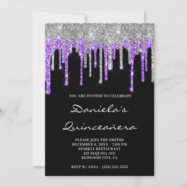 Invitación Purpurina violeta de plata gotea quinceañera negra (Anverso)