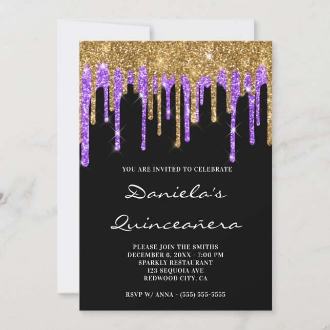 Invitación Purpurina violeta dorado gotea quinceañera negra (Anverso)
