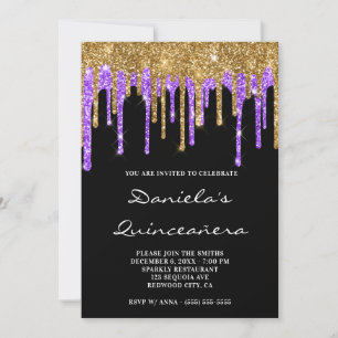 Invitación Purpurina violeta dorado gotea quinceañera negra