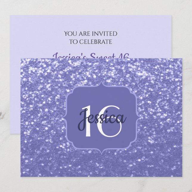 Invitación Purpurina violeta espumoso dulce 16 Monograma (Anverso / Reverso)