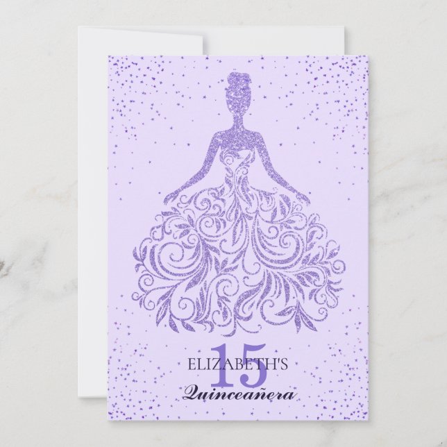 Invitación Purpurina Violeta Girona Vestido Quinceañera (Anverso)