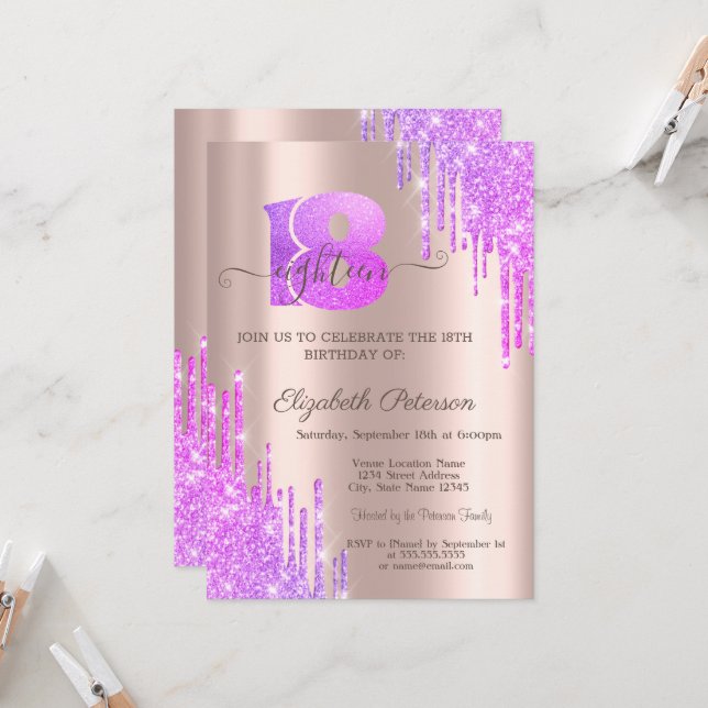 Invitación Purpurina violeta gotea oro Rosa Oro 18 cumpleaños (Anverso/Reverso In Situ)