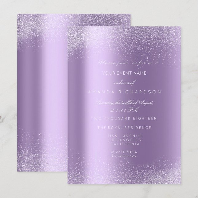 Invitación Purpurina violeta morado blanco palangana de marco (Anverso / Reverso)