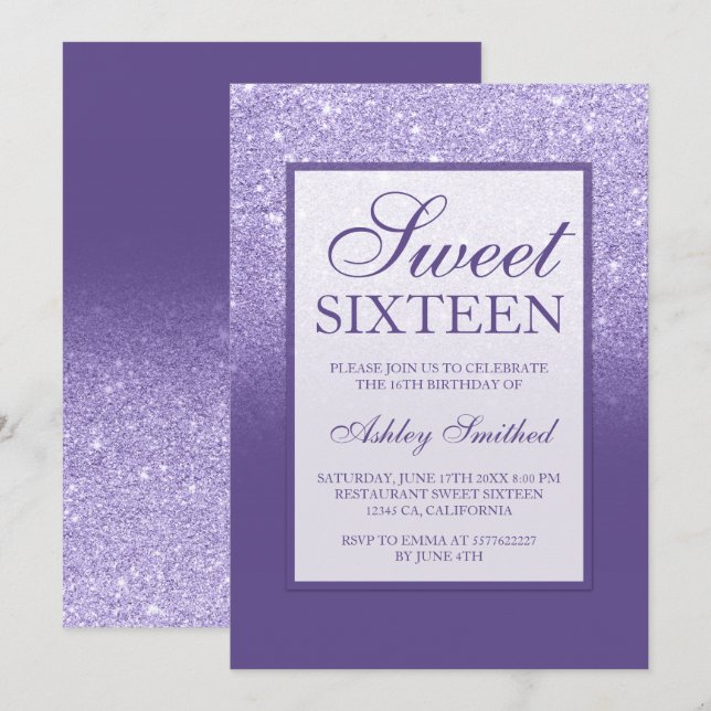 Invitación Purpurina violeta morado elegante moda dulce 16 (Anverso / Reverso)