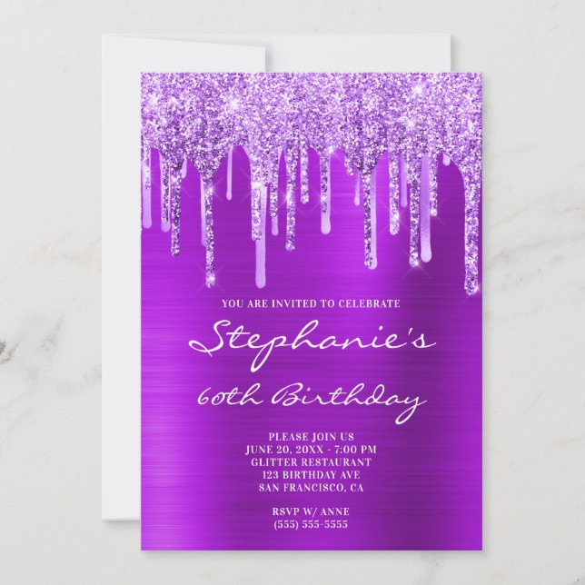Invitación Purpurina violeta morado y goteo de Relieve metali (Anverso)