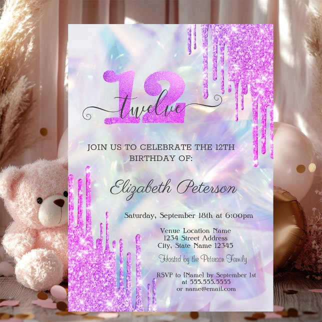 Invitación Purpurina violeta perfora holografía 12º cumpleaño (Subido por el creador)