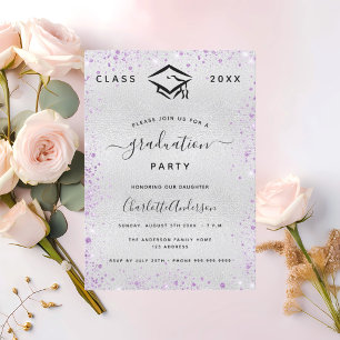 Invitación Purpurina violeta plateado del partido de graduaci