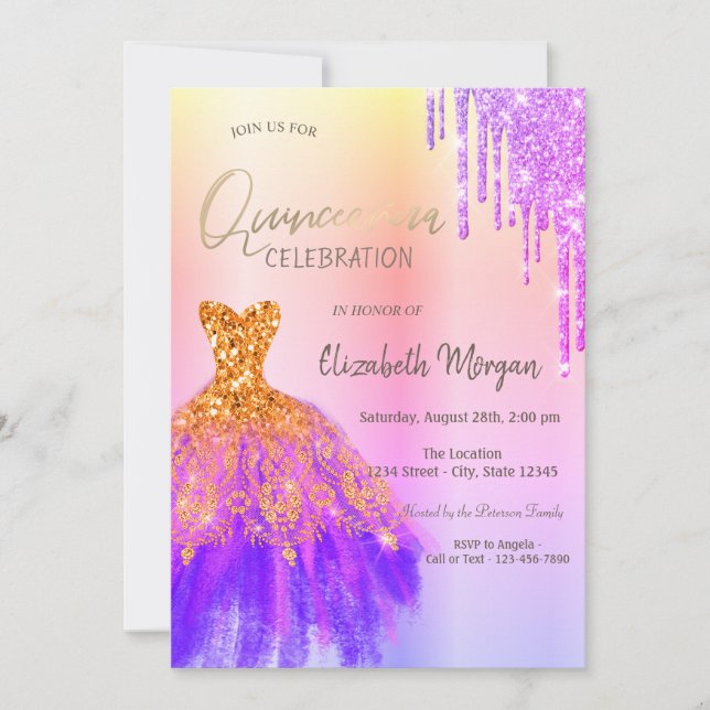 Invitación Purpurina Violeta Vestido Quinceañera (Anverso)