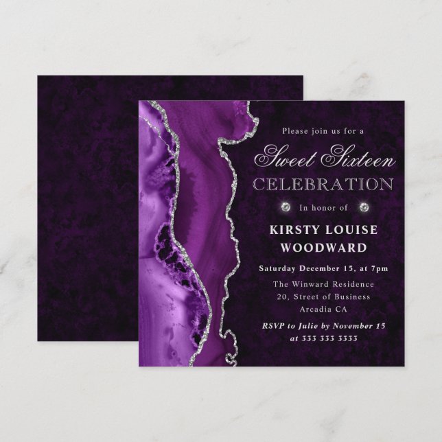 Invitación Purpurina Violeta y Plateada Agata Dulces Dieciséi (Anverso / Reverso)