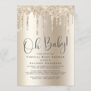Invitación Purpurina virtual de Baby Shower gota oro