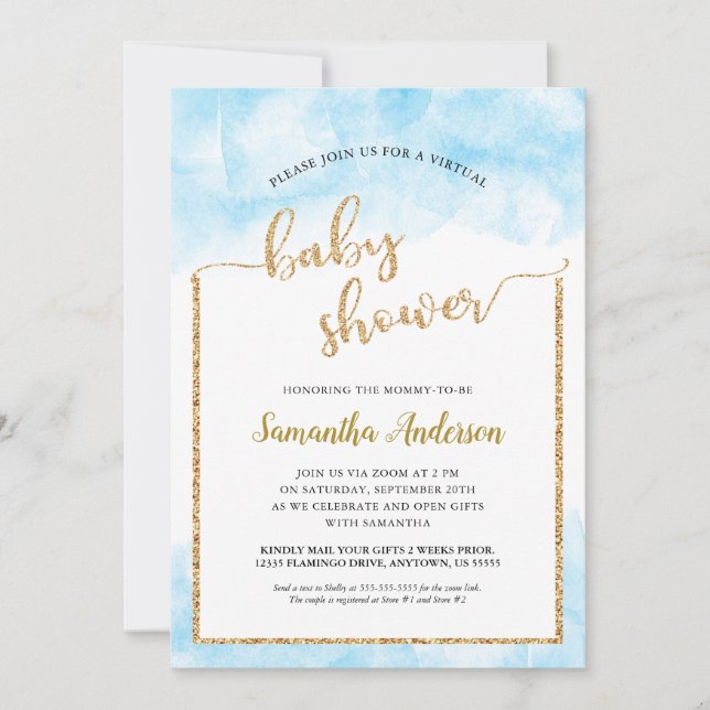 Invitación Purpurina Watercolor Gold Virtual Baby Boy Shower (Anverso)