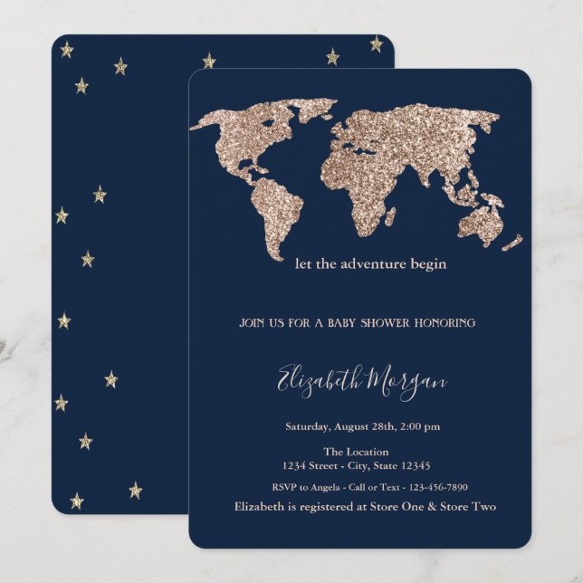Invitación Purpurina World Map Stars Baby Shower (Anverso / Reverso)
