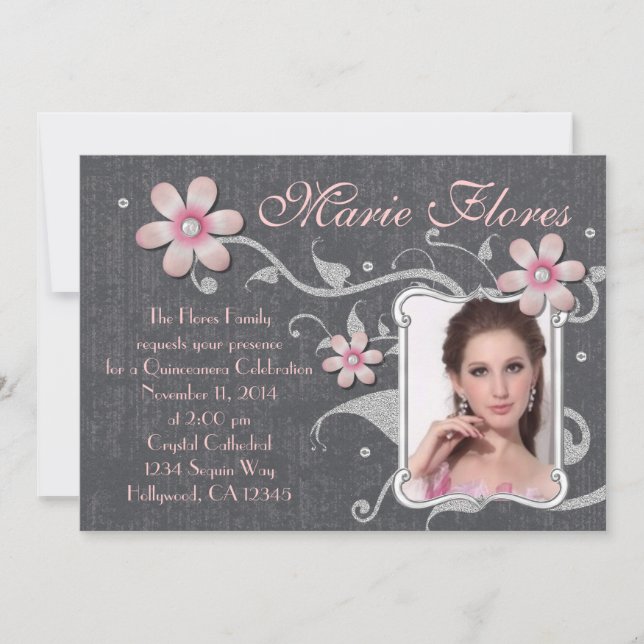 Invitación Purpurina y Diamante de imitación Quinceanera (Anverso)