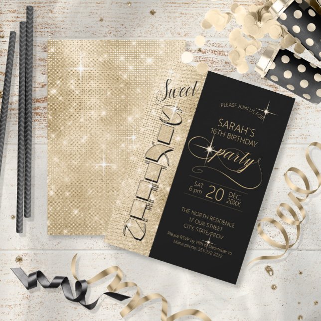 Invitación Purpurina y dulzura brillante 16 Black/Gold ID675 (Subido por el creador)