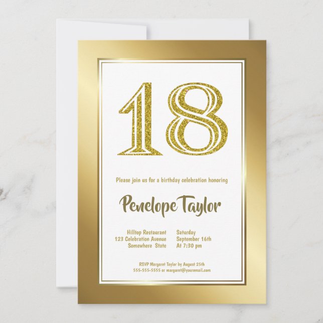 Invitación Purpurina y Fiesta de los 18 Años de Oro (Anverso)