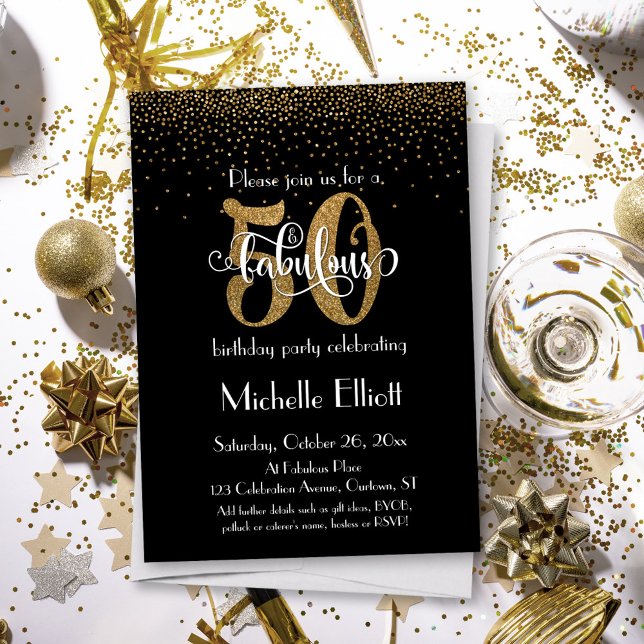 Invitación Purpurina y guión 50 y fabuloso en negro, cumpleañ (Subido por el creador)
