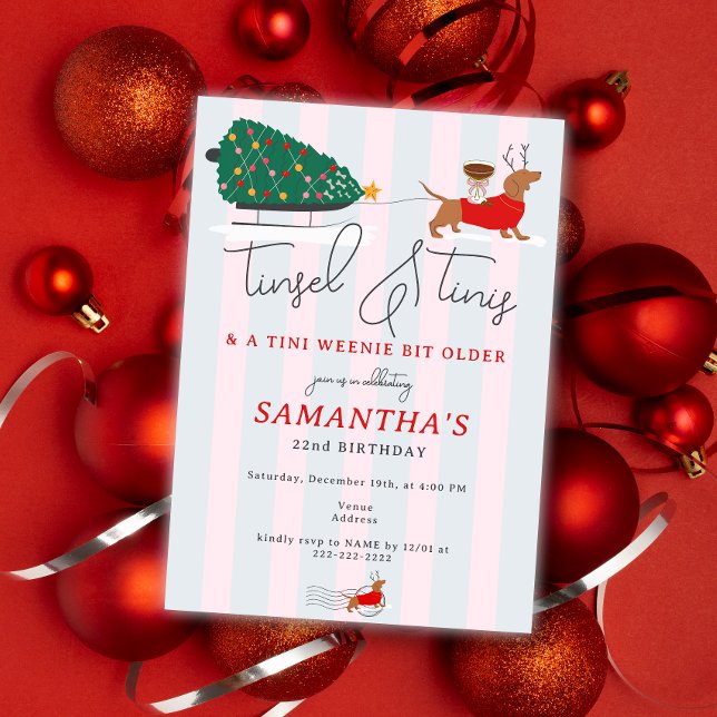 Invitación Purpurina y Martini Un poquito de Navidad Cumpleañ (Tinsel & Tinis Tini Bit Weenie Older Espresso Martini Cocktail Christmas Birthday Invitation )