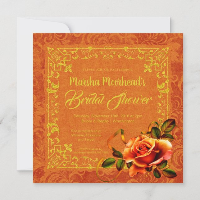 Invitación Purpurina y Rosa otoño Golden Brown Bridal Shower (Anverso)
