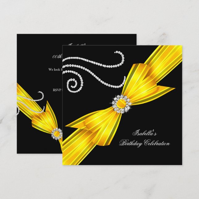 Invitación Purpurina Yellow Diamond Bow Black Birday Party (Anverso / Reverso)