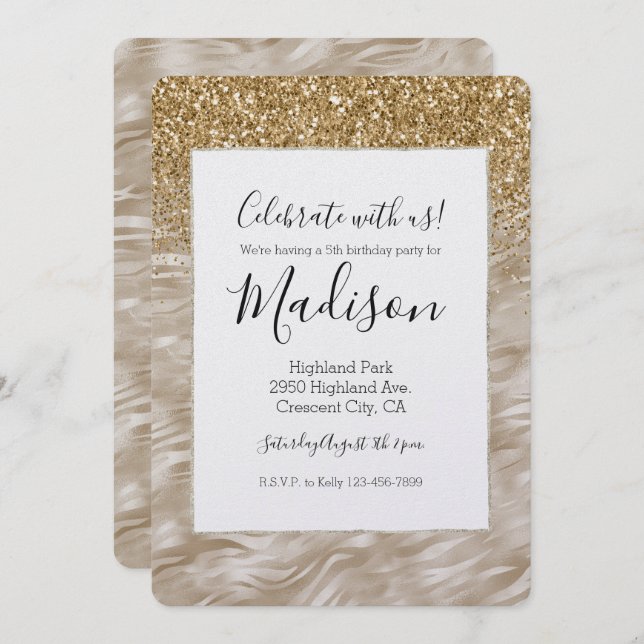 Invitación Purpurina Zebra Print Faux Gold (Anverso / Reverso)