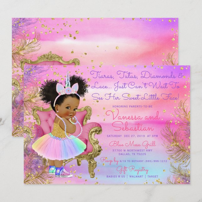 Invitación Purpurinas afroamericanos de princesa de unicornio (Anverso / Reverso)