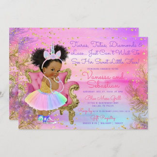 Invitación Purpurinas afroamericanos de princesa de unicornio