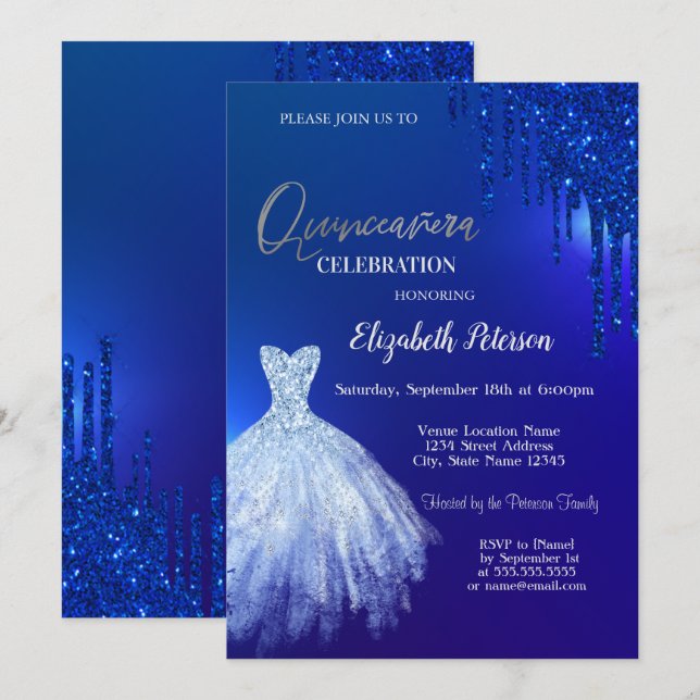 Invitación Purpurinas azul de la marina, vestir azul quinceañ (Anverso / Reverso)