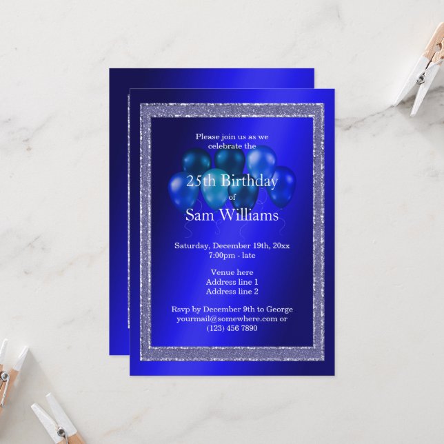 Invitación Purpurinas azules y globos de cumpleaños (Anverso/Reverso In Situ)