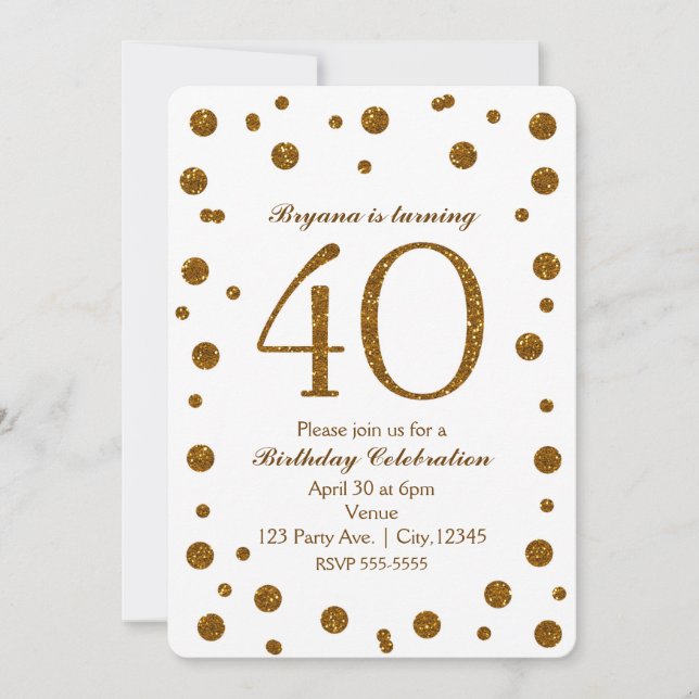 Invitación Purpurinas blancos y dorados 40 cumpleaños (Anverso)
