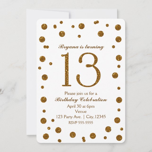 Invitación Purpurinas blancos y dorados dulce fiesta de cumpl (Anverso)