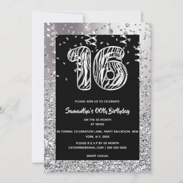 Invitación purpurinas chicas de cebra negro dieciséis (Anverso)