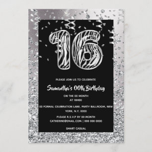 Invitación purpurinas chicas de cebra negro dieciséis