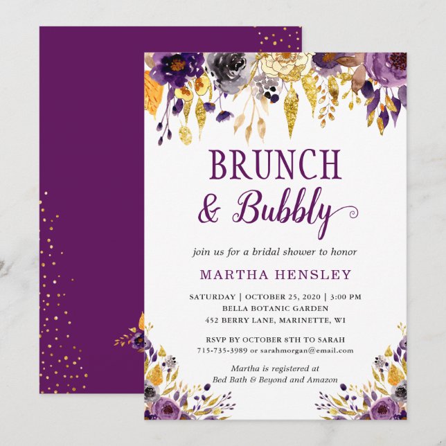 Invitación Purpurinas de brunch y bubbly Gold con morado (Anverso / Reverso)