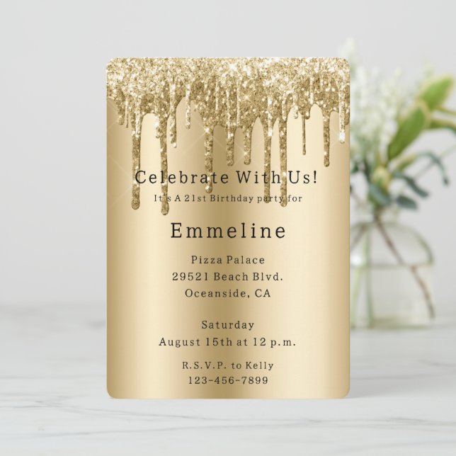 Invitación Purpurinas de espuma de oro Drith Cumpleaños (Anverso de pie)