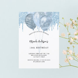 Invitación Purpurinas de globos azules blancos de cumpleaños 