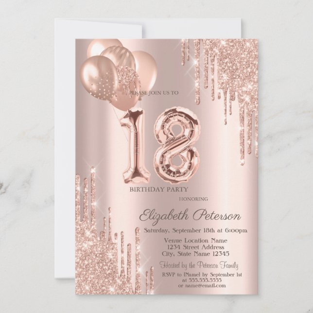 Invitación Purpurinas de globos modernos gotean oro Rosa dulc (Anverso)