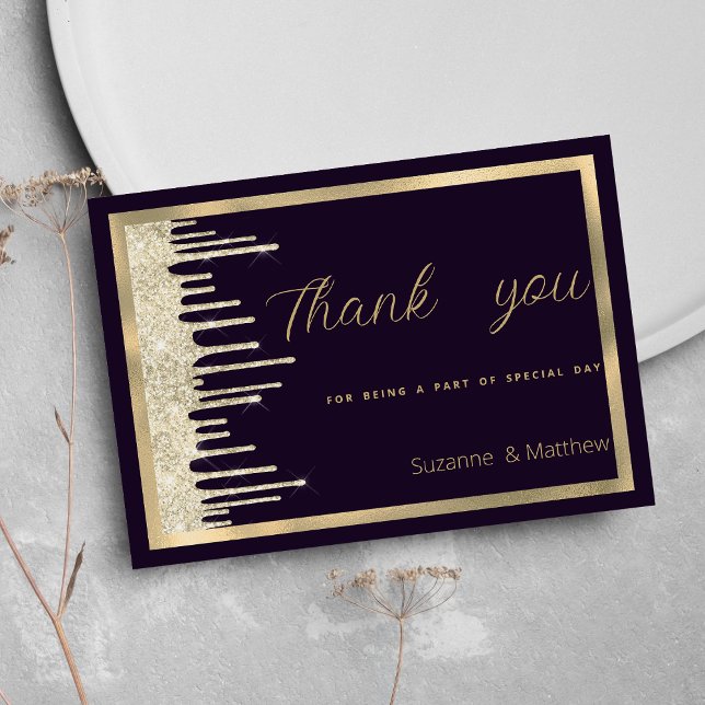 Invitación Purpurinas de lujo de oro morado oscuro gotean gra (Dark purple gold luxury glitter drips Thank You )