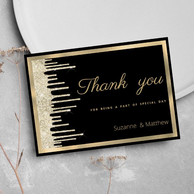 Invitación Purpurinas de lujo de oro negro gotean gracias (Black gold luxury glitter drips Thank You )