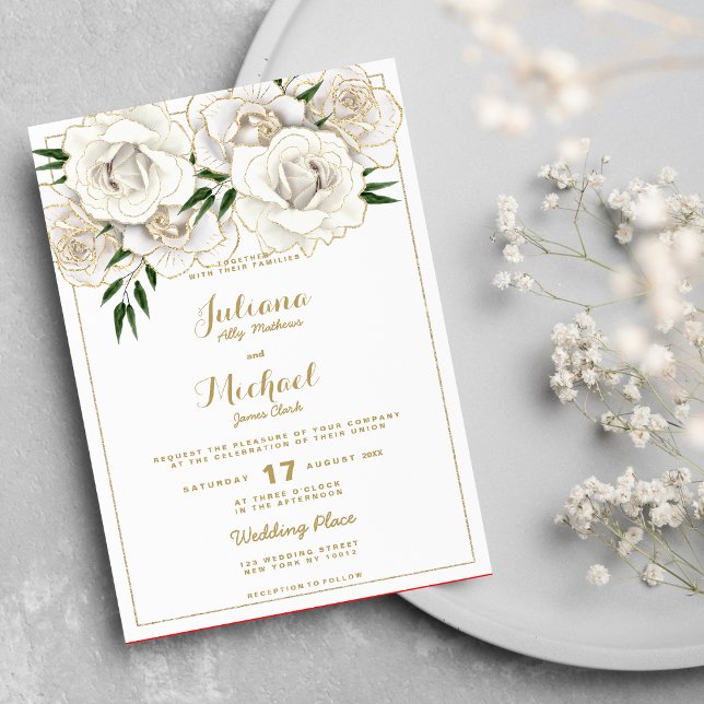 Invitación Purpurinas de oro blanco de lujo rosas Boda de flo (Luxury white gold glitter roses floral Wedding )
