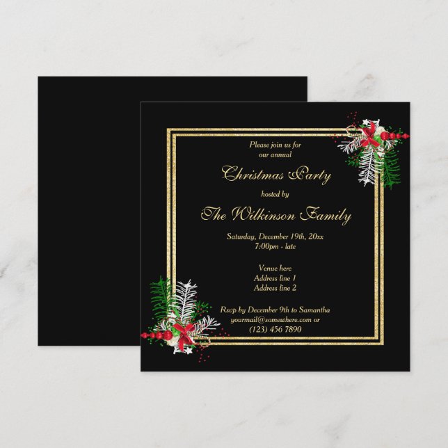 Invitación Purpurinas de oro brillante y Navidades de decorac (Anverso / Reverso)