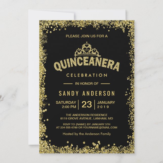 Invitación Purpurinas de oro coronan Quinceanera 15 años (Anverso)
