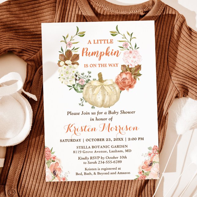 Invitación Purpurinas de oro de calabaza pequeña caen en Baby (Perfect for celebrating the joy of welcoming a little pumpkin into the world.)