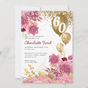 Invitación Purpurinas de oro floral rosado de Rubor Globos Cu