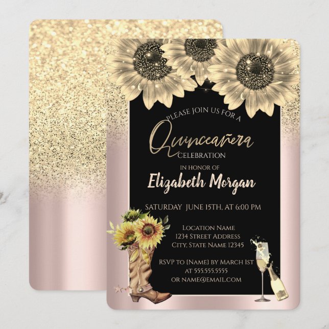 Invitación Purpurinas de oro girasoles, quinceañera de oro Ro (Anverso / Reverso)