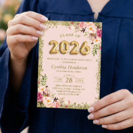 Invitación Purpurinas de oro Globos florales rosados 2023 Gra