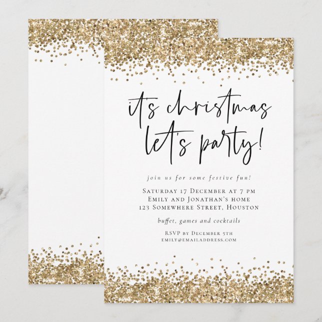 Invitación Purpurinas de oro Navidades Vamos Fiesta Glam (Anverso / Reverso)