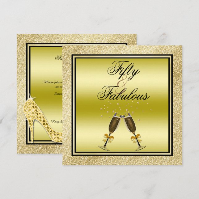 Invitación Purpurinas de oro Stiletto & Champagne Fabulous 50 (Anverso / Reverso)