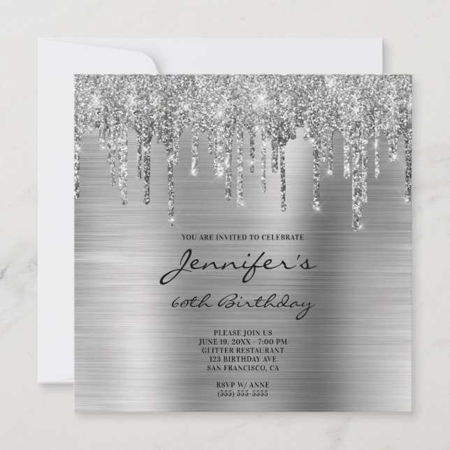 Invitación Purpurinas de Plata y Relieve metalizado 60 cumple (Anverso)